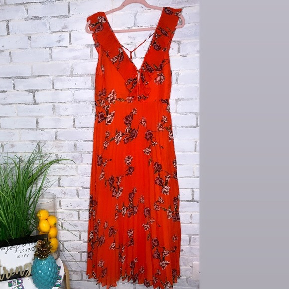 LULUS | Loved By You Red Orange Floral Print Long Pleated Chiffon Maxi Dress - Picture 4 of 13
